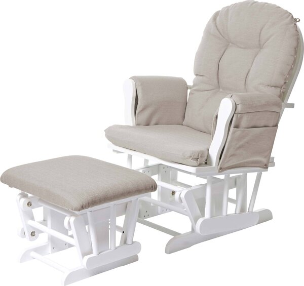 Poltrona relax MCW-C76, poltrona a dondolo con poggiapiedi ~ Tessuto, color crema, struttura bianca