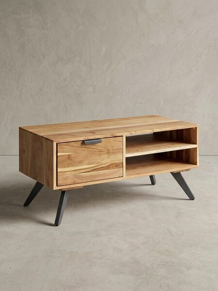 Tavolino massiccio in legno e metallo, design alla moda, ampio spazio contenitivo, gambe stabili. 95x45x45 cm | Kadima Design