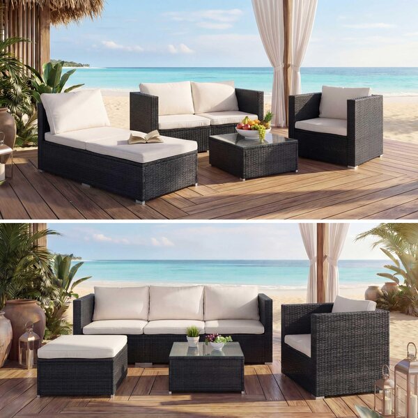 Set in polyrattan Busto, set da giardino, divano, set lounge ~ nero, cuscini color crema