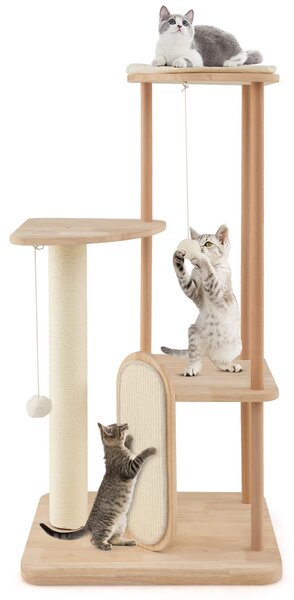 GOPLUS 112cm tiragraffi, albero per gatti in legno con tiragraffi in sisal e paletto, area di riposo imbottita, 2 piattaforme, 2 giochi appesi, beige