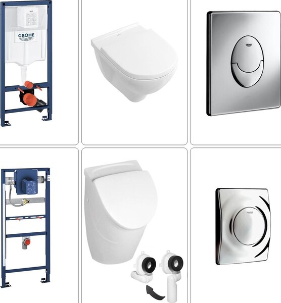 VILLEROY & BOCH O.NOVO WC sospeso senza bordo + sedile WC SoftClose TakeOff e orinatoio + coperchio, telaio frontale a parete GROHE e piastra di risciacquo in cromo