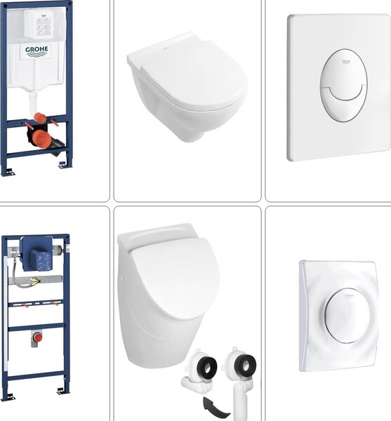 VILLEROY & BOCH O.NOVO WC sospeso senza bordo + sedile WC SoftClose TakeOff e orinatoio + coperchio, telaio frontale a parete e piastra di risciacquo GROHE in bianco