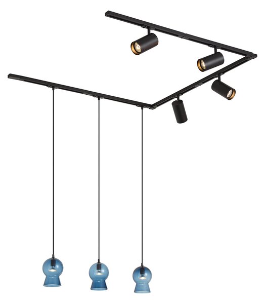 Sistema a binario moderno nero con 4 faretti e 3 lampade a sospensione blu monofase - Iconic Bell Jeana Luxe