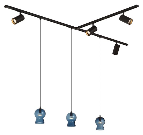 Sistema a binario moderno nero con 4 faretti e 3 lampade a sospensione blu monofase - Iconic Bell Jeana Luxe