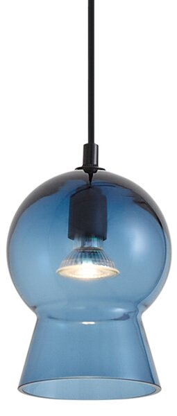 Lampada a sospensione retrò nera con vetro blu per sistema a binario monofase - Iconic Bell