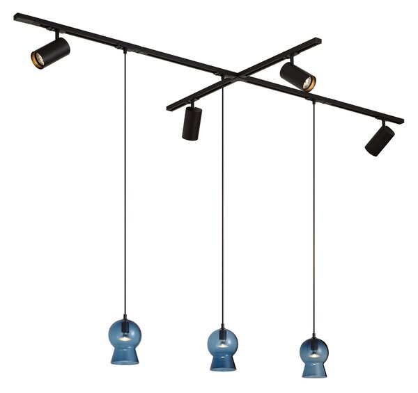 Sistema a binario moderno nero con 4 faretti e 3 lampade a sospensione blu monofase - Iconic Bell Jeana Luxe