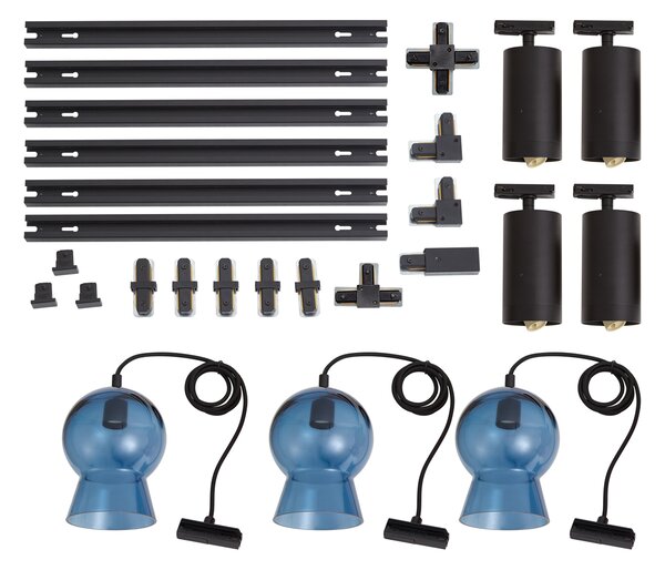 Sistema a binario moderno nero con 4 faretti e 3 lampade a sospensione blu monofase - Iconic Bell Jeana Luxe