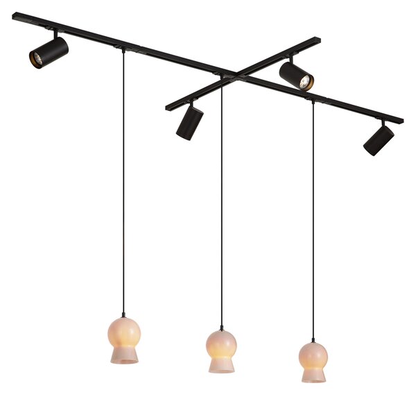 Sistema a binario moderno nero con 4 faretti e 3 lampade a sospensione bianche monofase - Iconic Bell Jeana Luxe