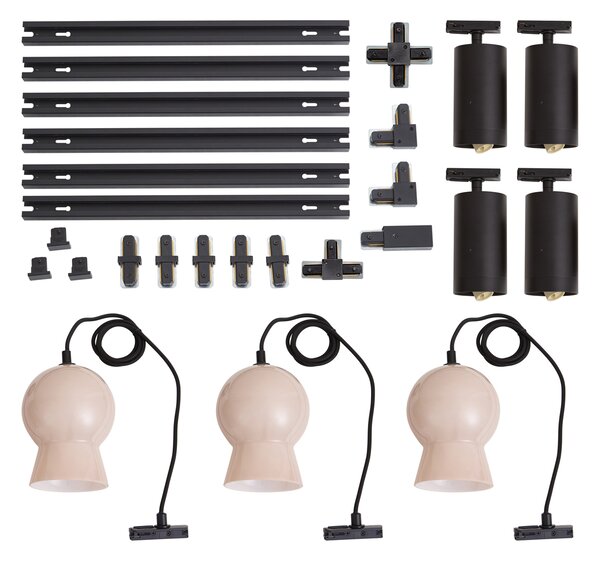 Sistema a binario moderno nero con 4 faretti e 3 lampade a sospensione bianche monofase - Iconic Bell Jeana Luxe