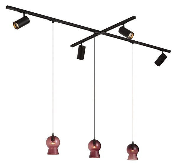 Sistema a binario moderno nero con 4 faretti e 3 lampade a sospensione viola monofase - Iconic Bell Jeana Luxe