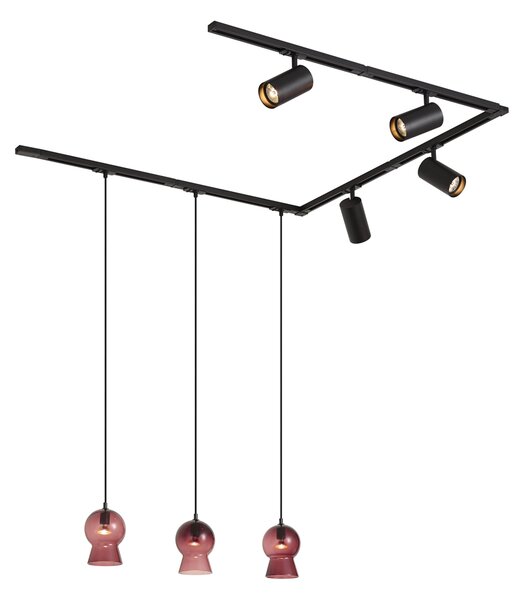 Sistema a binario moderno nero con 4 faretti e 3 lampade a sospensione viola monofase - Iconic Bell Jeana Luxe