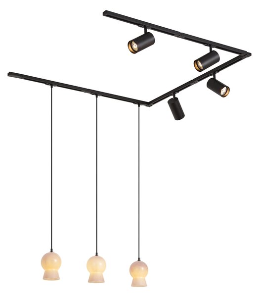 Sistema a binario moderno nero con 4 faretti e 3 lampade a sospensione bianche monofase - Iconic Bell Jeana Luxe