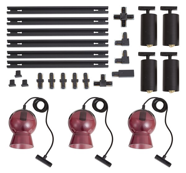 Sistema a binario moderno nero con 4 faretti e 3 lampade a sospensione viola monofase - Iconic Bell Jeana Luxe