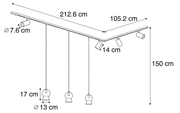 Sistema a binario moderno nero con 4 faretti e 3 lampade a sospensione bianche monofase - Iconic Bell Jeana Luxe