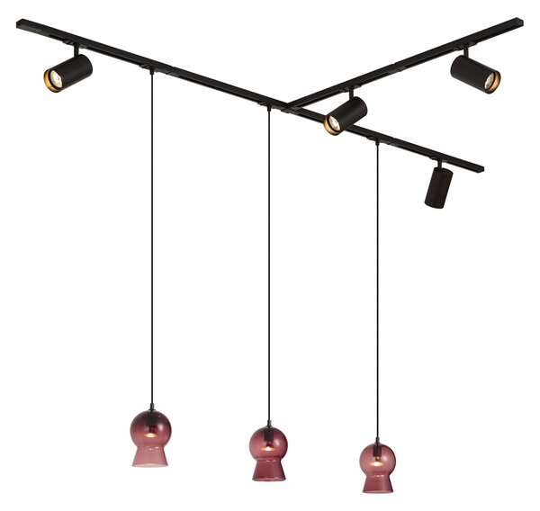 Sistema a binario moderno nero con 4 faretti e 3 lampade a sospensione viola monofase - Iconic Bell Jeana Luxe