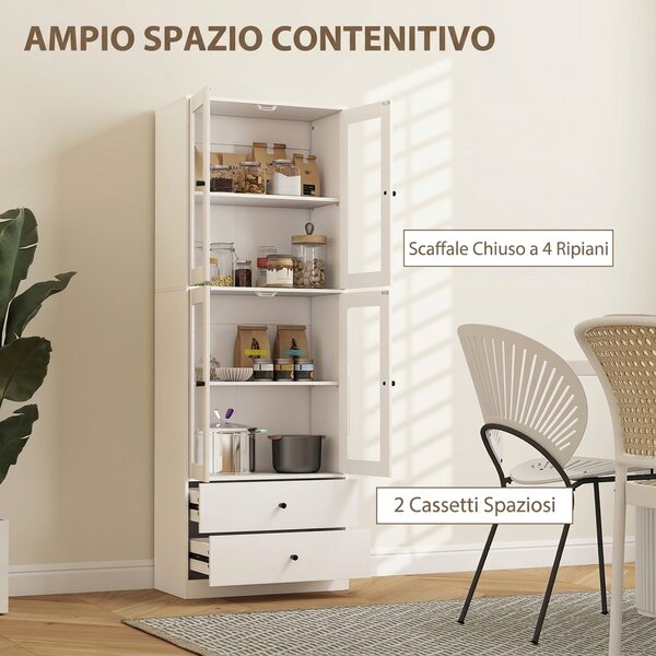 HOMCOM Credenza Cucina Alta 170cm, 4 Ante in Vetro, 2 Cassetti, Ripiani Regolabili, per Sala da Pranzo Soggiorno, Bianco | Aosom Italy