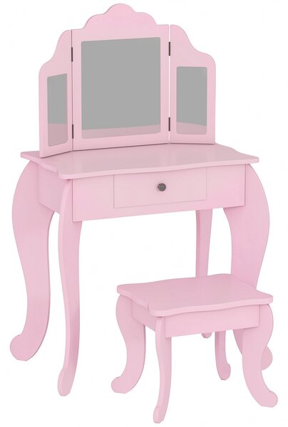 HOMCOM Tavolo da Trucco per Bambini con Sgabello e Triplo Specchio, in Legno e Acrilico, 63x40x85.5 cm, Rosa | Aosom Italy