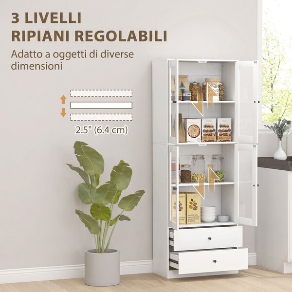 HOMCOM Credenza Cucina Alta 170cm, 4 Ante in Vetro, 2 Cassetti, Ripiani Regolabili, per Sala da Pranzo Soggiorno, Bianco | Aosom Italy
