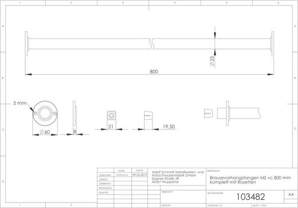 Asta per tende da doccia ASW Serie 1000 103482 800 mm, ottone cromato, Ø 25 mm, versione diritta