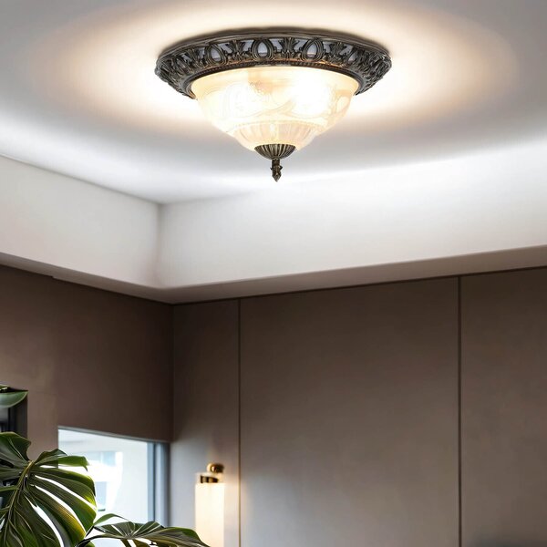 Plafoniera Art Nouveau "FLUSH" ottone antico metallo liscio vetro 2 luci soffitto soggiorno corridoio