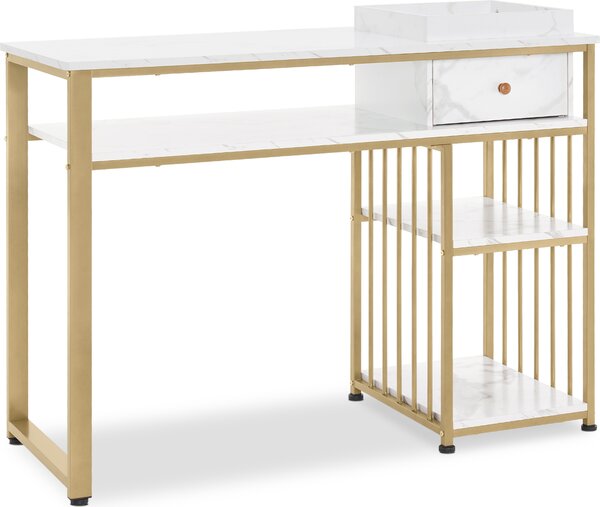 M MCombo Scrivania con cassetti, con mensola, tavolino da manicure in legno con struttura in metallo, toeletta senza specchio, marmo bianco e oro, 2498