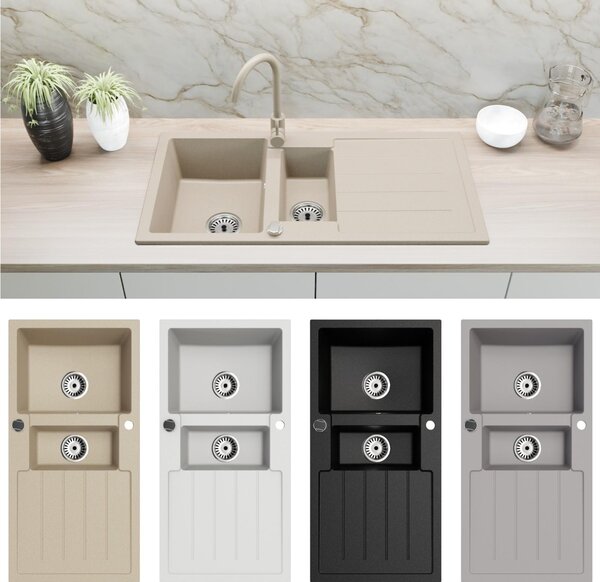 Lavello in granito, lavello da cucina, lavello da incasso 100x50 cm, a due vasche con sgocciolatoio, set di accessori incluso, beige