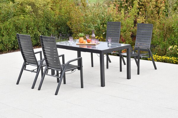 Set di mobili da giardino Merxx Siros, 5 pezzi, 4 poltrone regolabili tramite molla a gas, tavolo allungabile 150 (210) x 90 cm - Alluminio