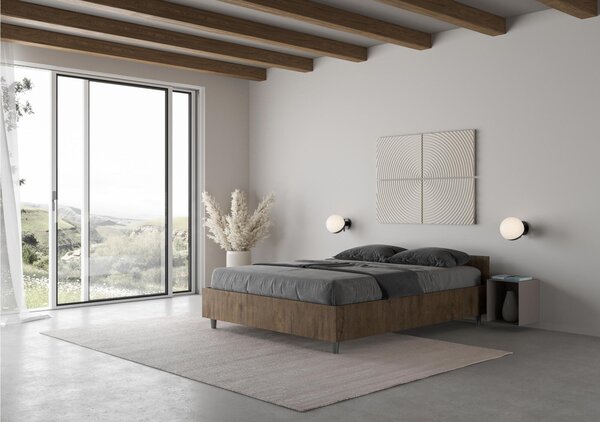 Letto Matrimoniale alla Francese, Modello NUAMO, Senza Rete e Senza Materasso Dimensioni 140x200 cm testata Bassa Nobilitato Stile Minimal ed Essenziale Colore Noce