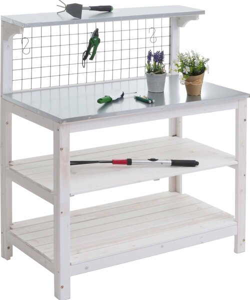 Tavolo da coltivazione MCW-N55, tavolo da giardinaggio, tavolo per fiori, scaffale per piante, struttura in legno, piano in lamiera zincata certificata MVG, dimensioni 117x102x56 cm, colore bianco