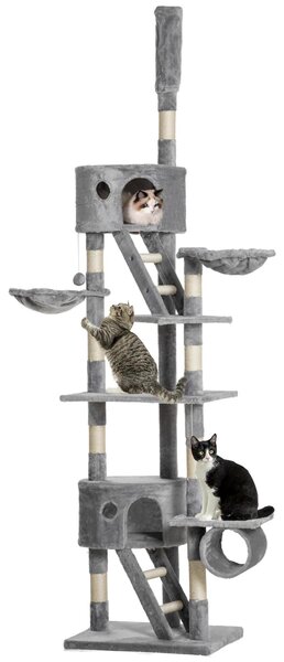 Pawhut Tiragraffi per gatti, albero da arrampicata, altezza regolabile fino al soffitto, grigio chiaro