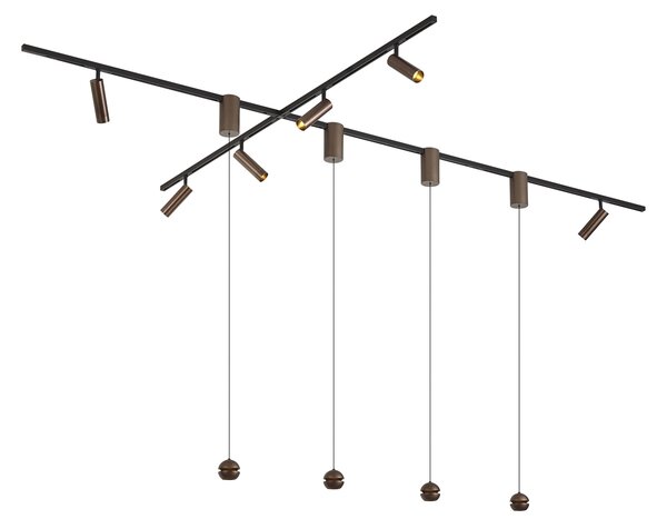 Sistema di illuminazione a binario moderno con 6 faretti e 4 luci a sospensione Easylift bronzo scuro monofase - Slimline Uzzy Tira
