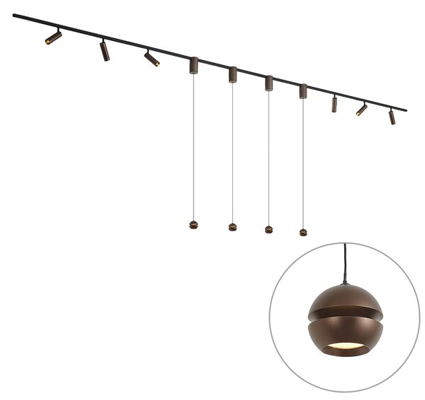 Sistema di illuminazione a binario moderno con 6 faretti e 4 luci a sospensione Easylift bronzo scuro monofase - Slimline Uzzy Tira