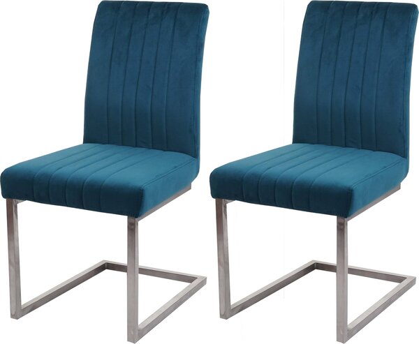 Set da 2 sedie a sbalzo MCW-L14, sedia per ospiti e sala conferenze, velluto e acciaio inossidabile spazzolato ~ blu turchese