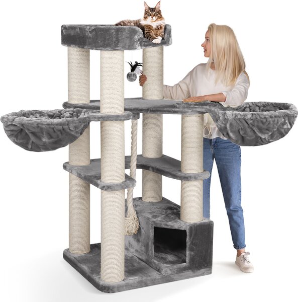 HAPPYPET Tiragraffi stabile "Oscar" - altezza 161 cm, tiragraffi per gatti di grossa taglia Maine Coon, tronchi in sisal di 12 cm di spessore, 600 g di peluche, grigio