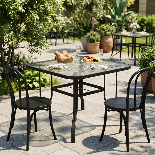 Outsunny Tavolo da Giardino Quadrato a 4 Posti con Piano in Vetro e Foro per Ombrellone Ø54 mm, Nero