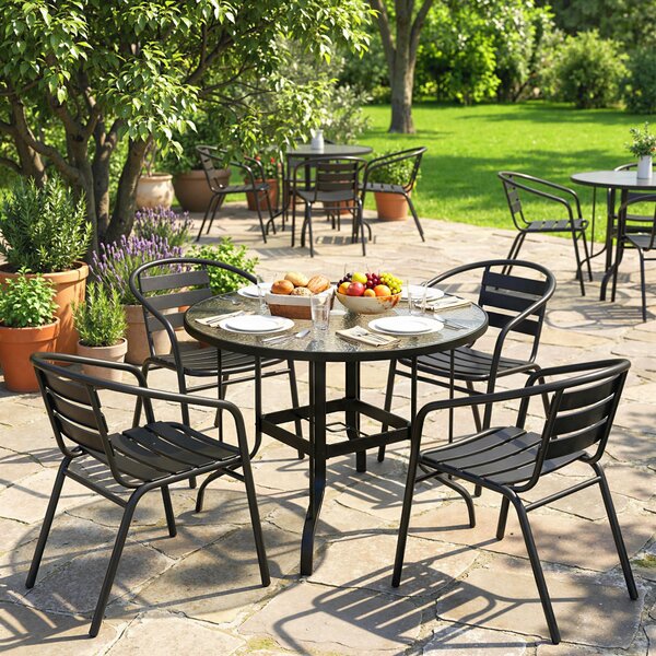 Outsunny Tavolino da Giardino Rotondo con Foro per Ombrellone, in Metallo e Vetro Temperato, Ø96.5x71 cm, Nero