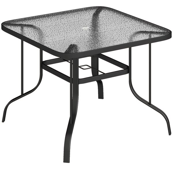 Outsunny Tavolo da Giardino Quadrato a 4 Posti con Piano in Vetro e Foro per Ombrellone Ø54 mm, Nero