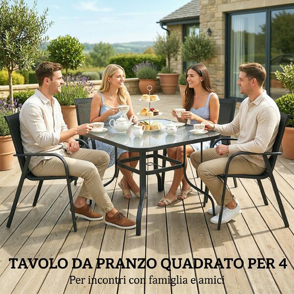 Outsunny Tavolo da Giardino Quadrato a 4 Posti con Piano in Vetro e Foro per Ombrellone Ø54 mm, Nero