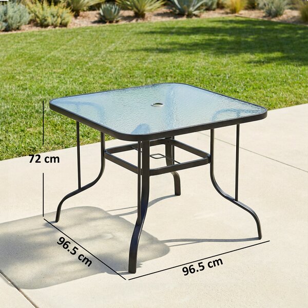 Outsunny Tavolo da Giardino Quadrato a 4 Posti con Piano in Vetro e Foro per Ombrellone Ø54 mm, Nero