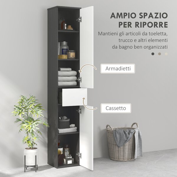 Kleankin Colonna Bagno Salvaspazio in Legno con 2 Armadietti e Cassetto, 30x28x180 cm, Nero