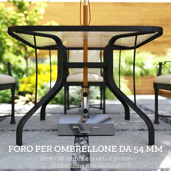 Outsunny Tavolo da Giardino Quadrato a 4 Posti con Piano in Vetro e Foro per Ombrellone Ø54 mm, Nero
