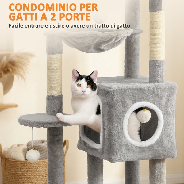 PawHut Albero Tiragraffi per Gatti con 2 Casette, Rampa, Trespoli e 4 Palline, 48x40x165 cm, Grigio e Bianco | Aosom Italy
