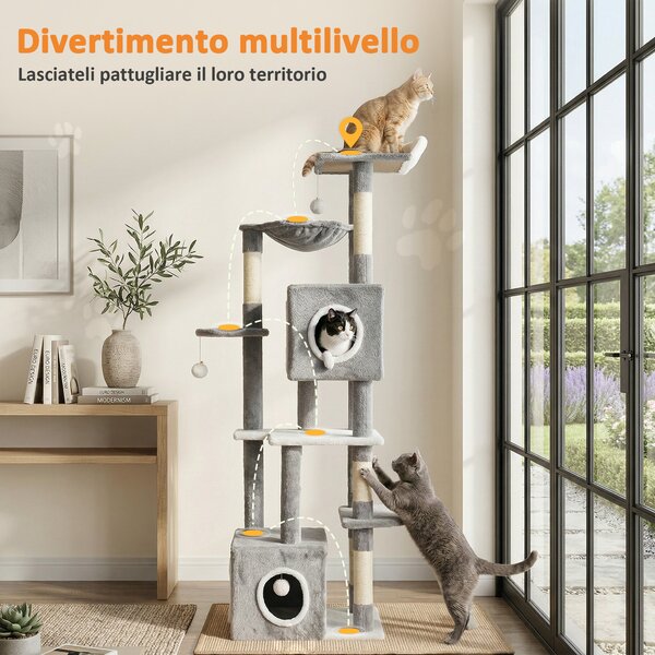 PawHut Albero Tiragraffi per Gatti con 2 Casette, Rampa, Trespoli e 4 Palline, 48x40x165 cm, Grigio e Bianco | Aosom Italy