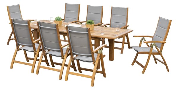 Set di mobili da giardino Merxx 9 pezzi, 8 sedie pieghevoli, tavolo allungabile doppio 180 (220/260) x 100 cm - Acacia/tessuto