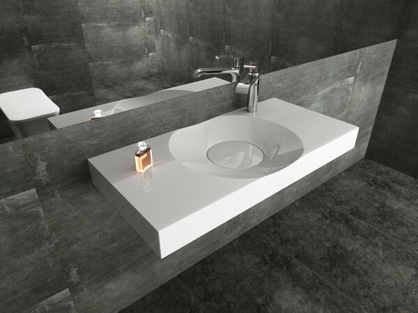 Lavabo da appoggio a parete BS6059 in fusione di marmo - 100 x 48 x 10 cm - Bianco