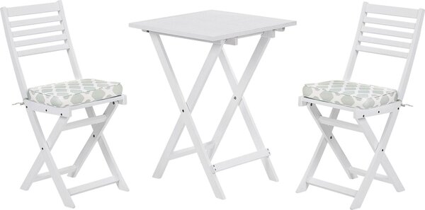 BELIANI Set di mobili da giardino per balcone tavolo due sedie legno menta e bianco cuscini pieghevoli legno di acacia oliato