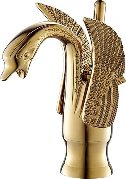 Miscelatore per lavabo, design elegante a cigno, struttura in ottone resistente, colore oro corto
