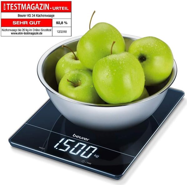 Beurer Bilancia da Cucina digitale elettronica Portata max 15 kg display LED in Vetro colore Nero - 155300 KS34XL