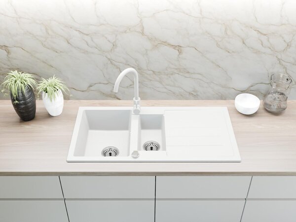 Lavello in granito Lavello da incasso 100x50 cm 2 vasche con scolapiatti con rubinetto Bianco