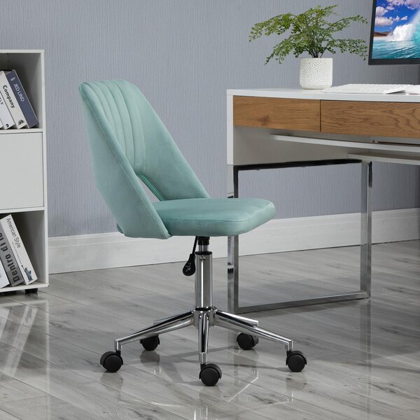 Sedia da scrivania Moonbite senza braccioli, rivestita in tessuto effetto velluto, con pistone a gas regolabile da 79 a 91 cm, ruote a 360°, forma a conchiglia con cuciture a vista, portata massima di 120 kg, realizzata in poliestere, colore verde